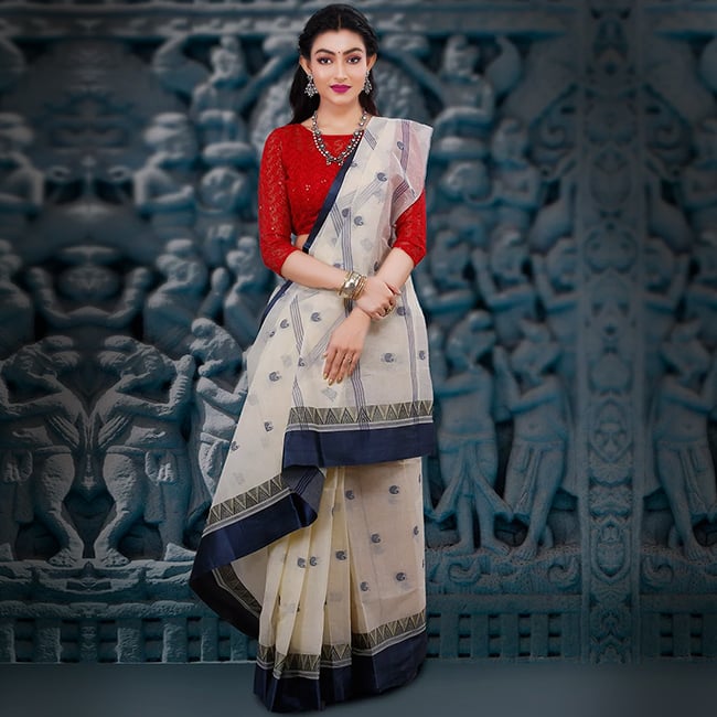 Off White Tangail Cotton Sarees