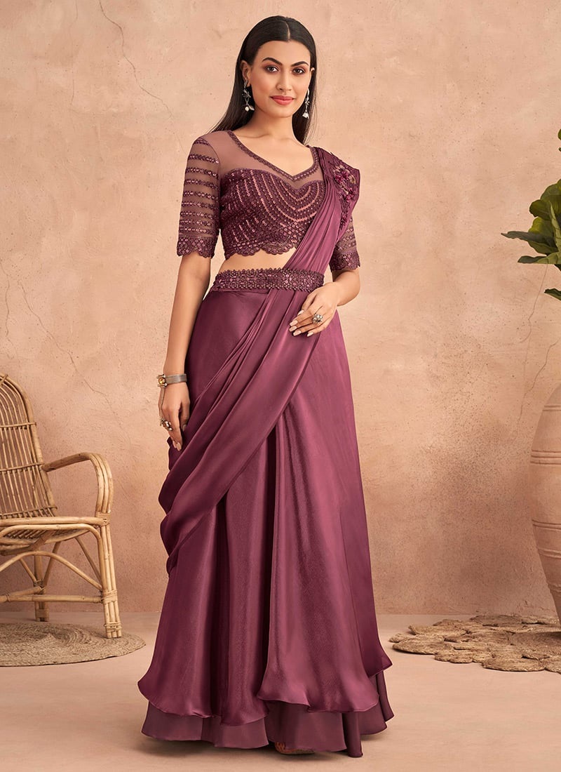 Wine Chinon Silk Ready Pleated Saree Party Wear SASKA36357301F