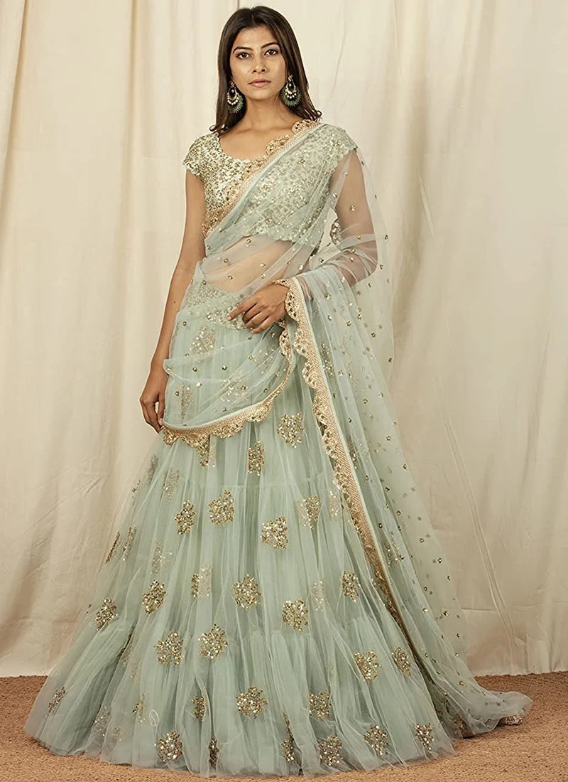 Mint Green Net Embroidered N Sequins Umbrella Lehenga GHSSS0001G