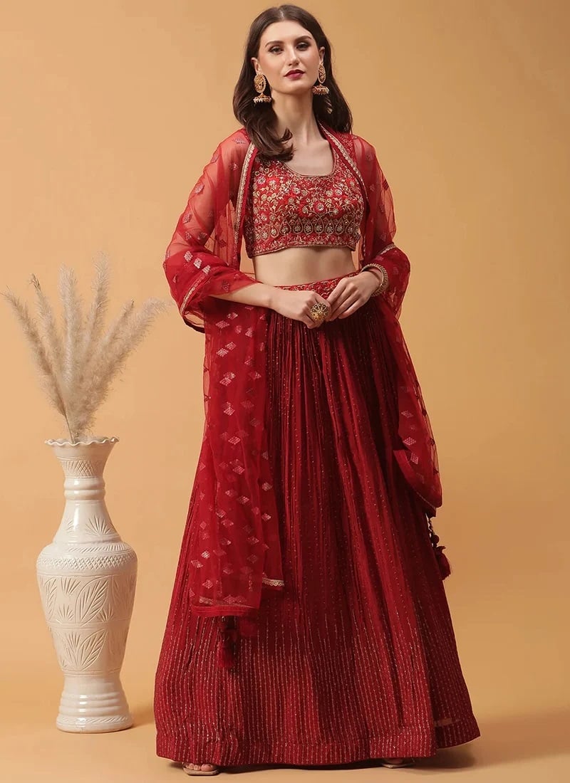 Pure Silk Red Embroidered Lehenga GHKIF1057