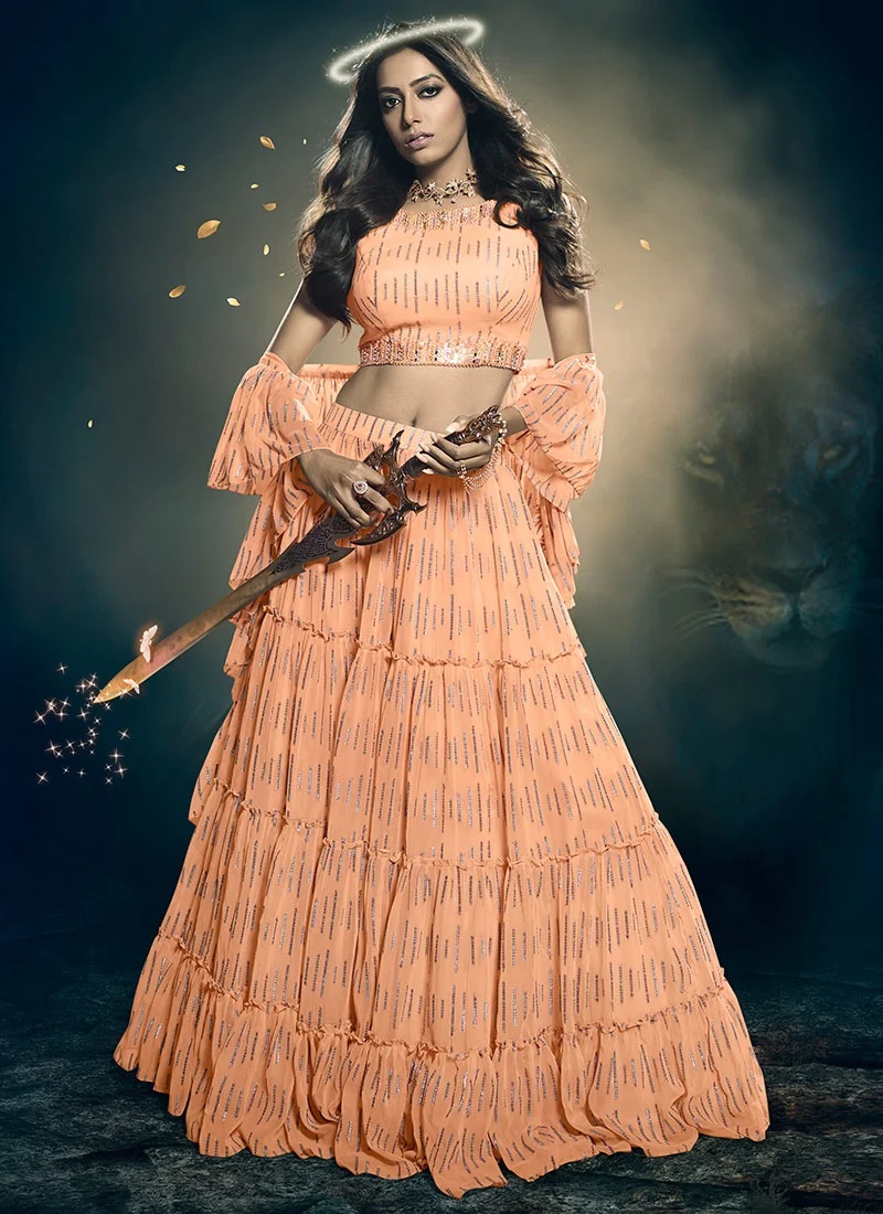 Orange Art Silk Embroidered Umbrella Lehenga Party Wear
