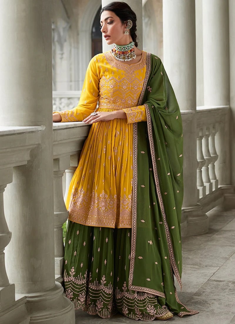 Mustard Georgette Embroidery Long Choli Lehenga Party Wear