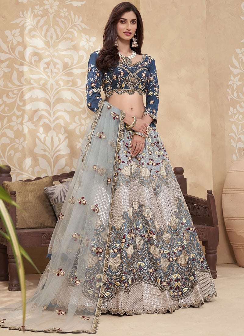 Teal Blue Soft Silk Mirror Work Umbrella Lehenga Wedding Wear