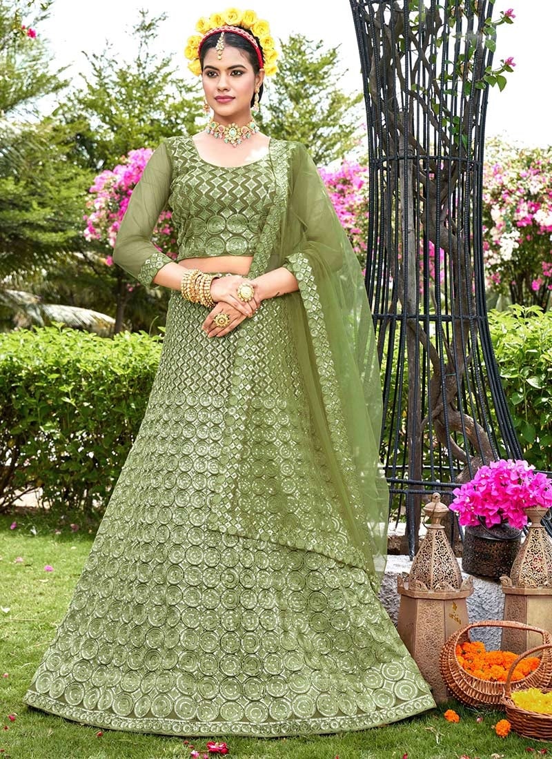 Green Net Sequins A Line Lehenga Party Wear