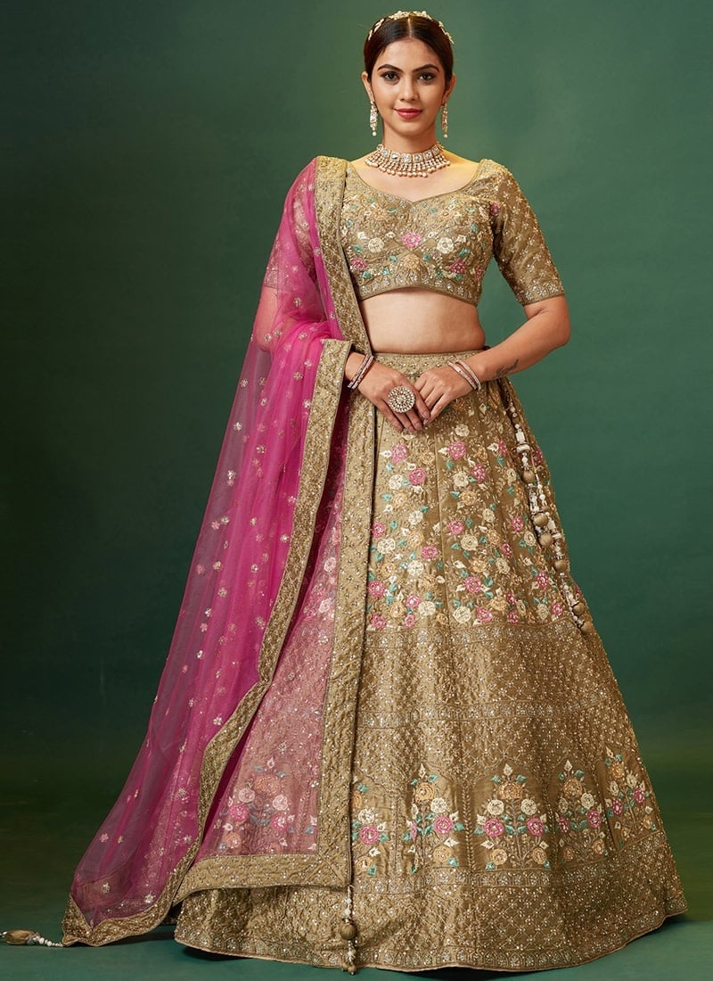Gold Embroidered and Hand work Art Silk Umbrella Lehenga Wedding Wear