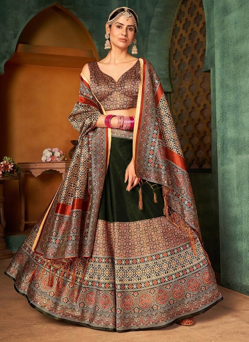 Brown Benarasi Silk Printed Umbrella Lehenga Festive Wear