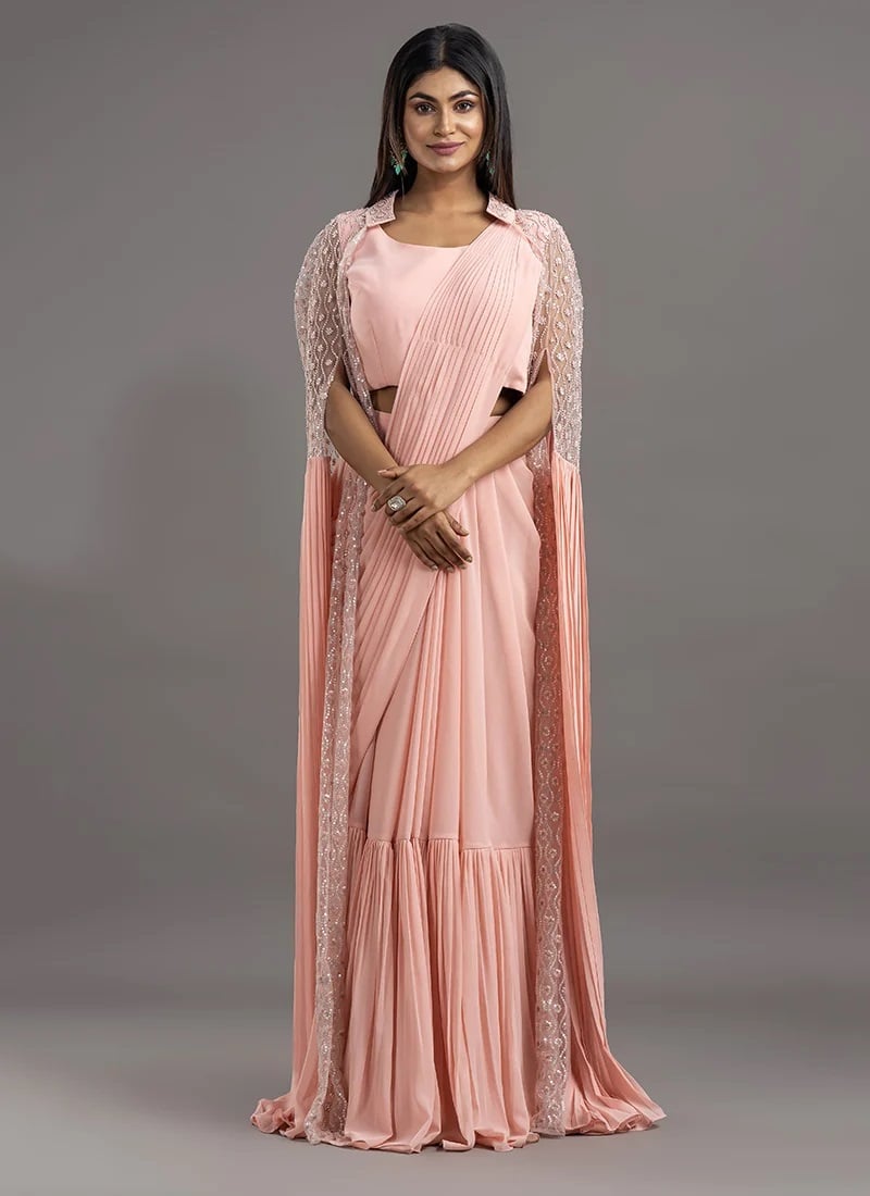 Pink Raw Silk Georgette Saree With Net Jacket Wedding Wear