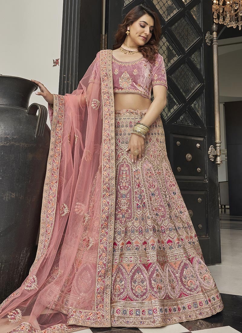 Mauve Velvet Embroidered Lehenga Choli Wedding Wear