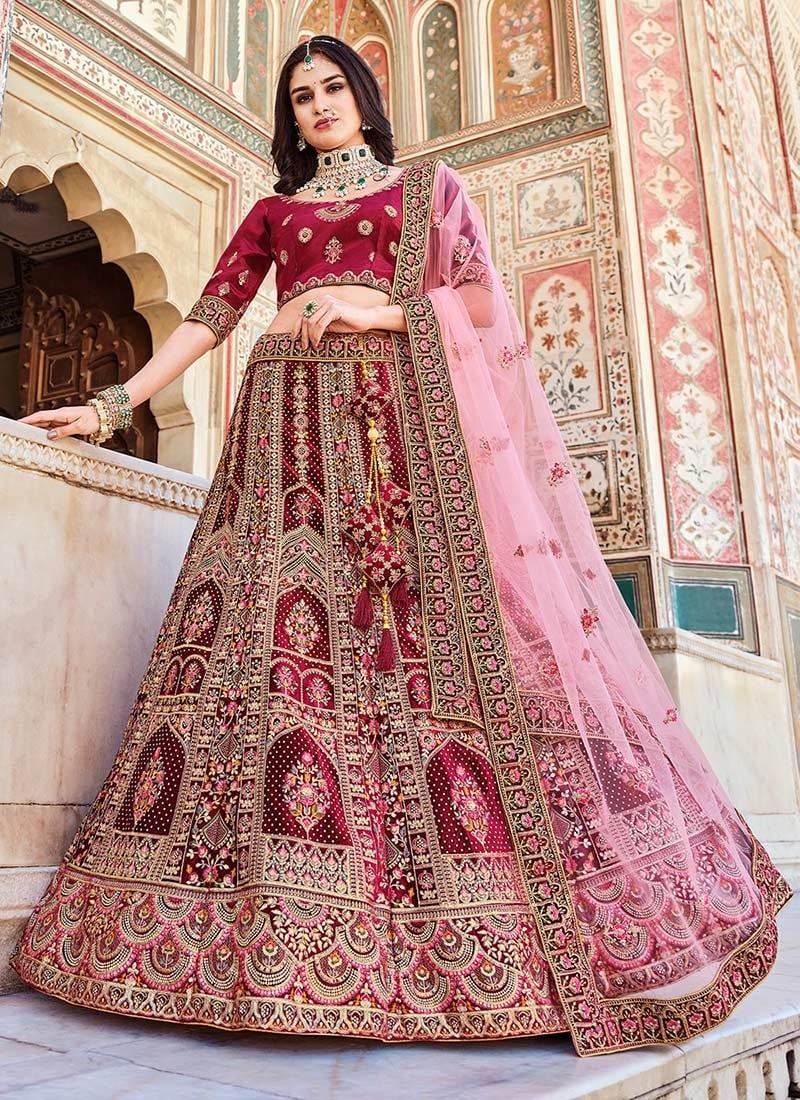 Dark Pink Velvet Embroidered Resham Umbrella Lehenga Wedding Wear
