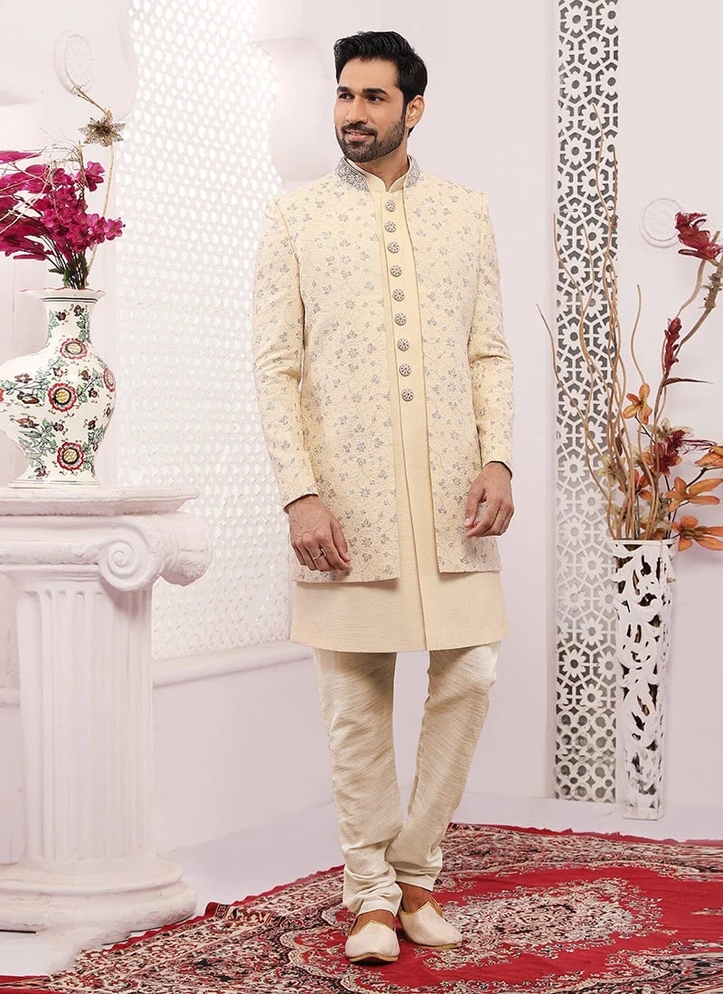 Cream Art Banarasi Silk Embroidered Indowestern Sherwani Party Wear