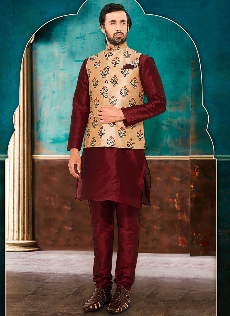 Beige Silk Printed Nehru Jacket