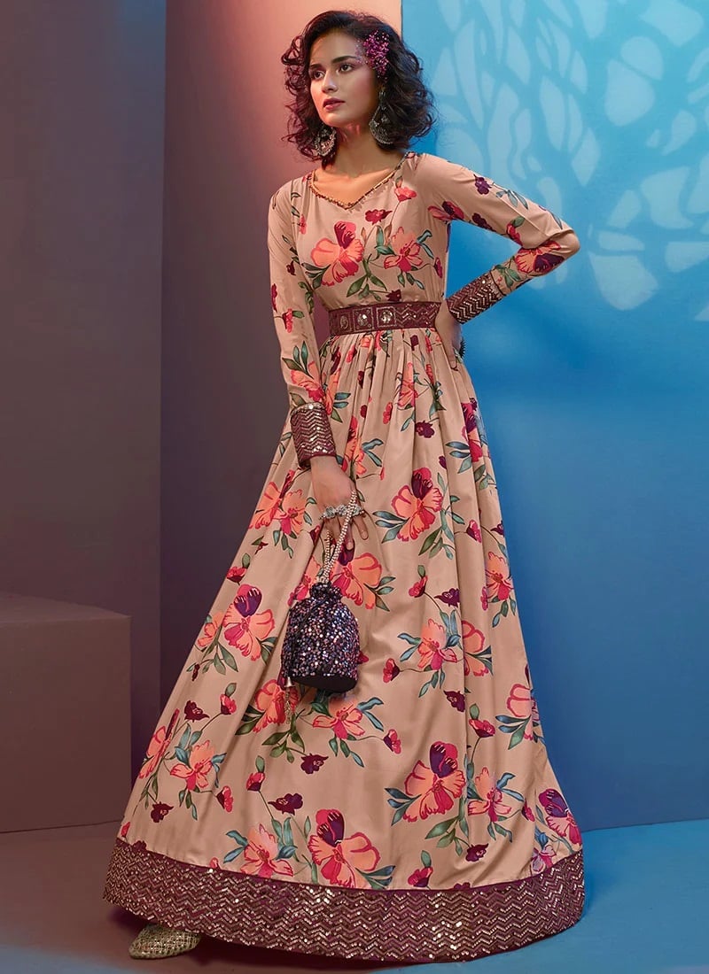 Peach Natural Crepe Digital Printed Anarkali Gown Party Wear