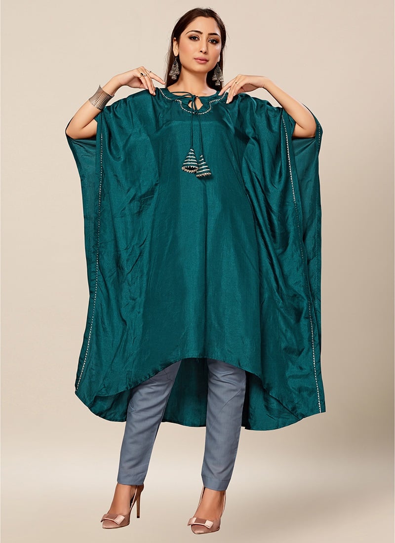 Teal Green Dola Silk Kaftan Work Wear