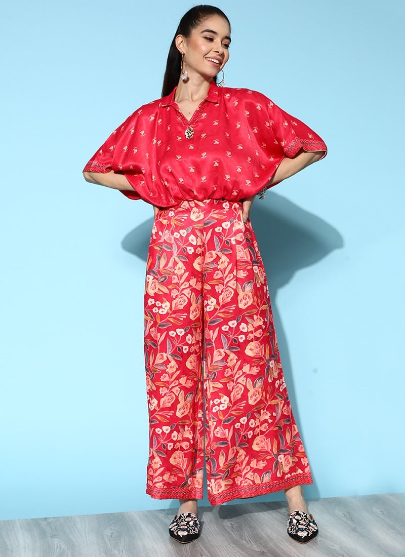 Hot Pink Silk Printed Top N Palazzo Set Party Wear