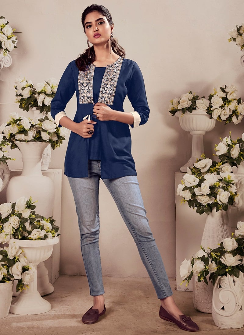Navy Blue Heavy Rayon Embroidered Short Top Work Wear