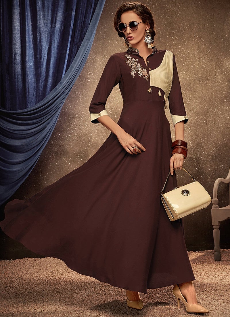 Brown Rayon Embroidered Gown Party Wear