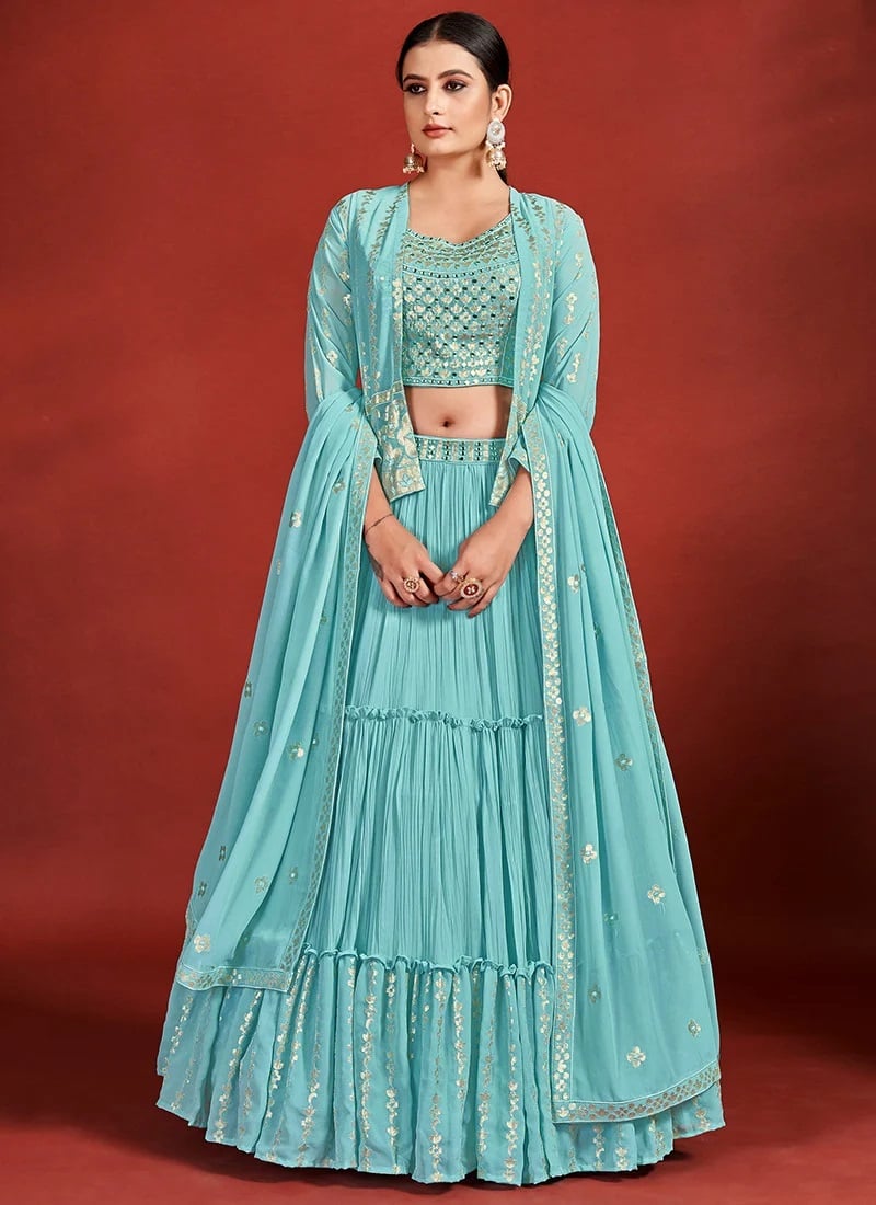 Turquoise Georgette Mirror N Sequins Work Umbrella Lehenga Choli Party Wear