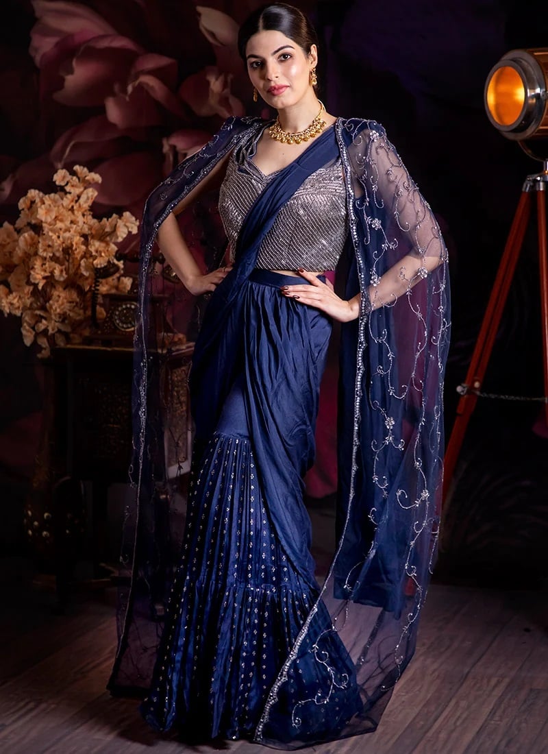 Navy Blue Pure Chinon Sharara Style Saree Wedding Wear