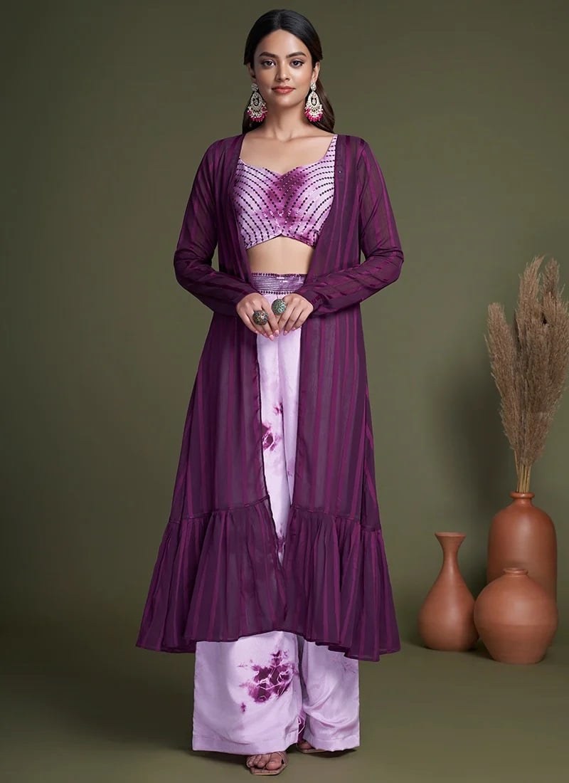 Purple Art Silk Embroidered Indowestern Jacket Style Suit Party Wear