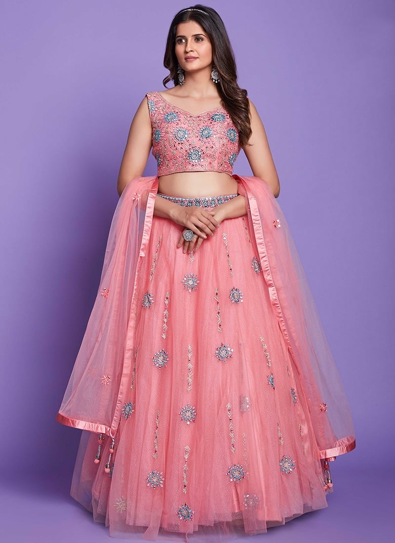 Pink Net Embroidered Umbrella Lehenga Party Wear