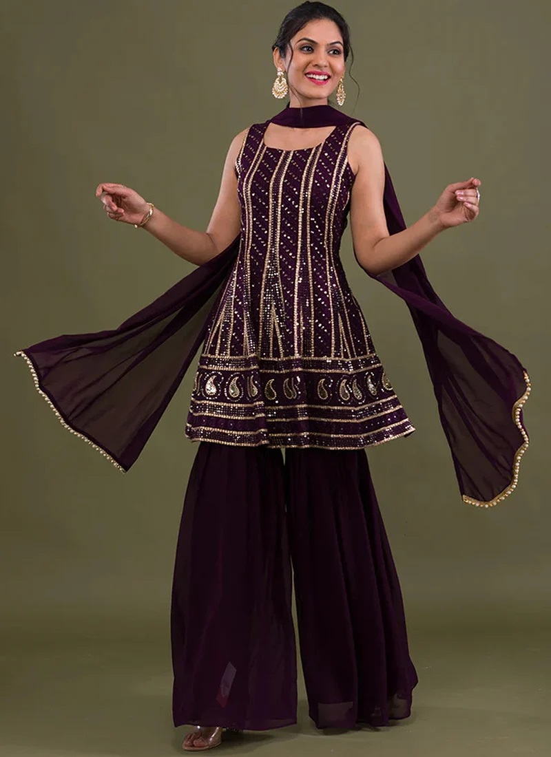 Wine Faux Georgette Sequins Embroidered Sharara Suit After Six Wear
