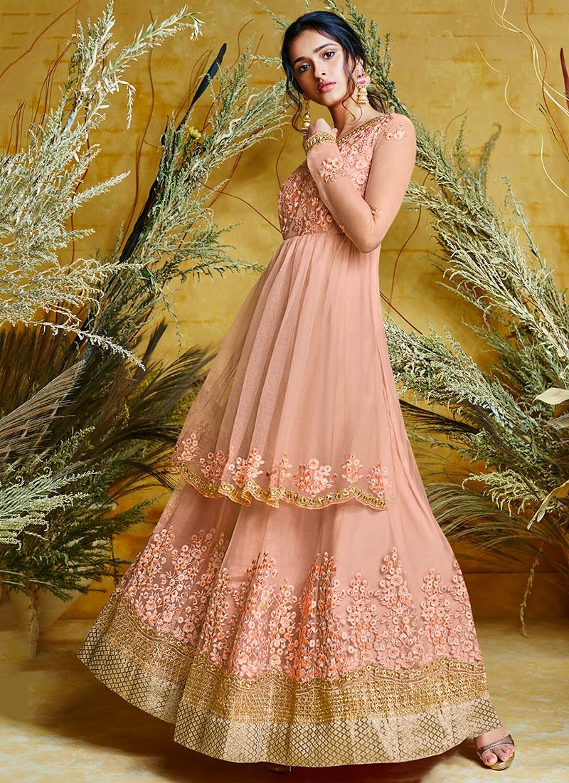 Peach Embroidered Anarkali Suit Party Wear