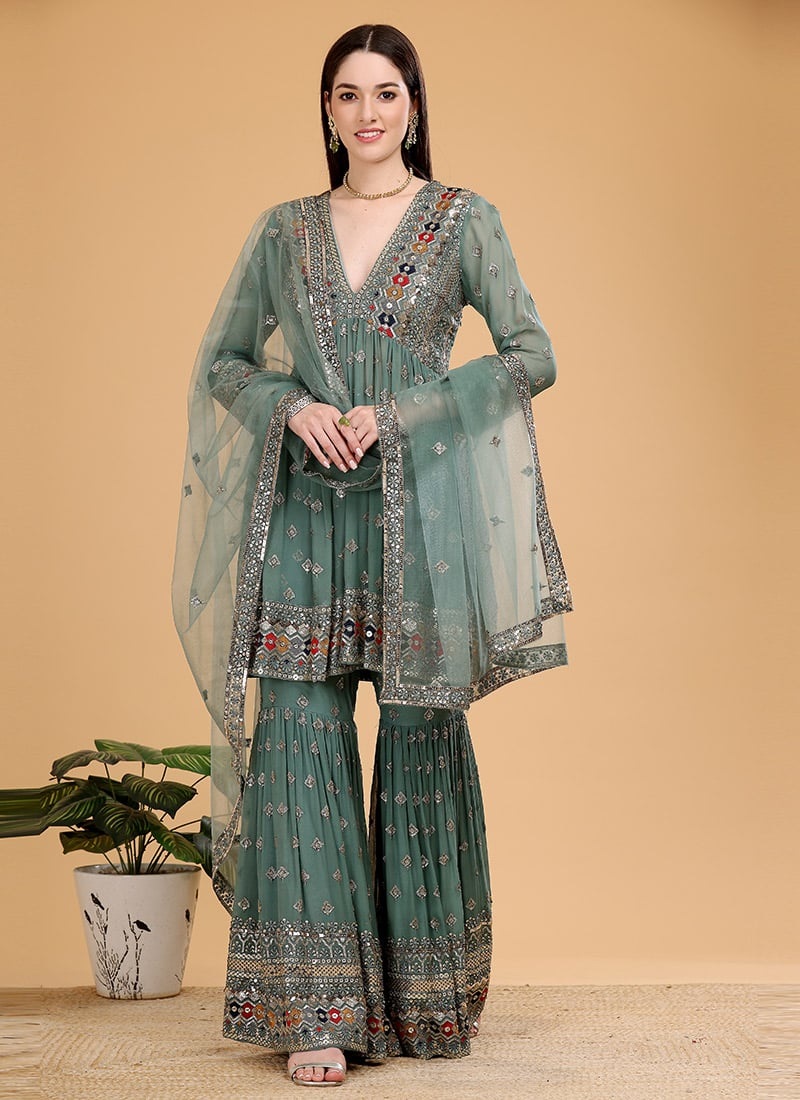 Green Pure Georgette Sequins Sharara Suit Wedding Wear