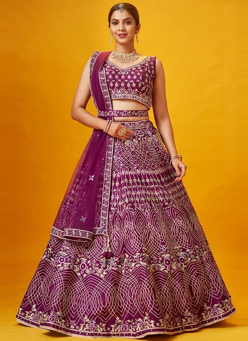 Magenta Embroidered and Hand work Art Silk Umbrella Lehenga Wedding Wear