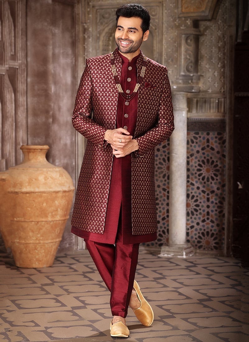 Wine Art Silk Jacquard Work Indowestern Sherwani Wedding Wear