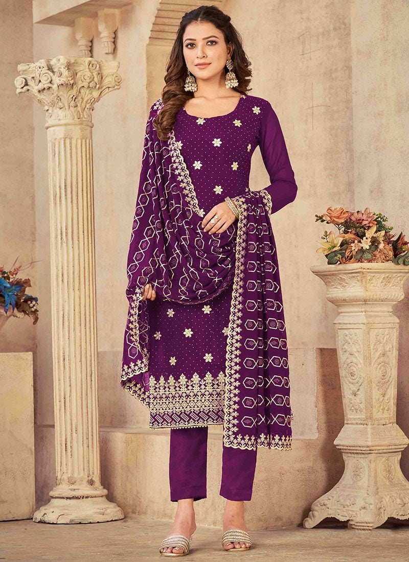 Purple Faux Georgette Sequins N Tikki Work Straight Pant Suit After Six Wear