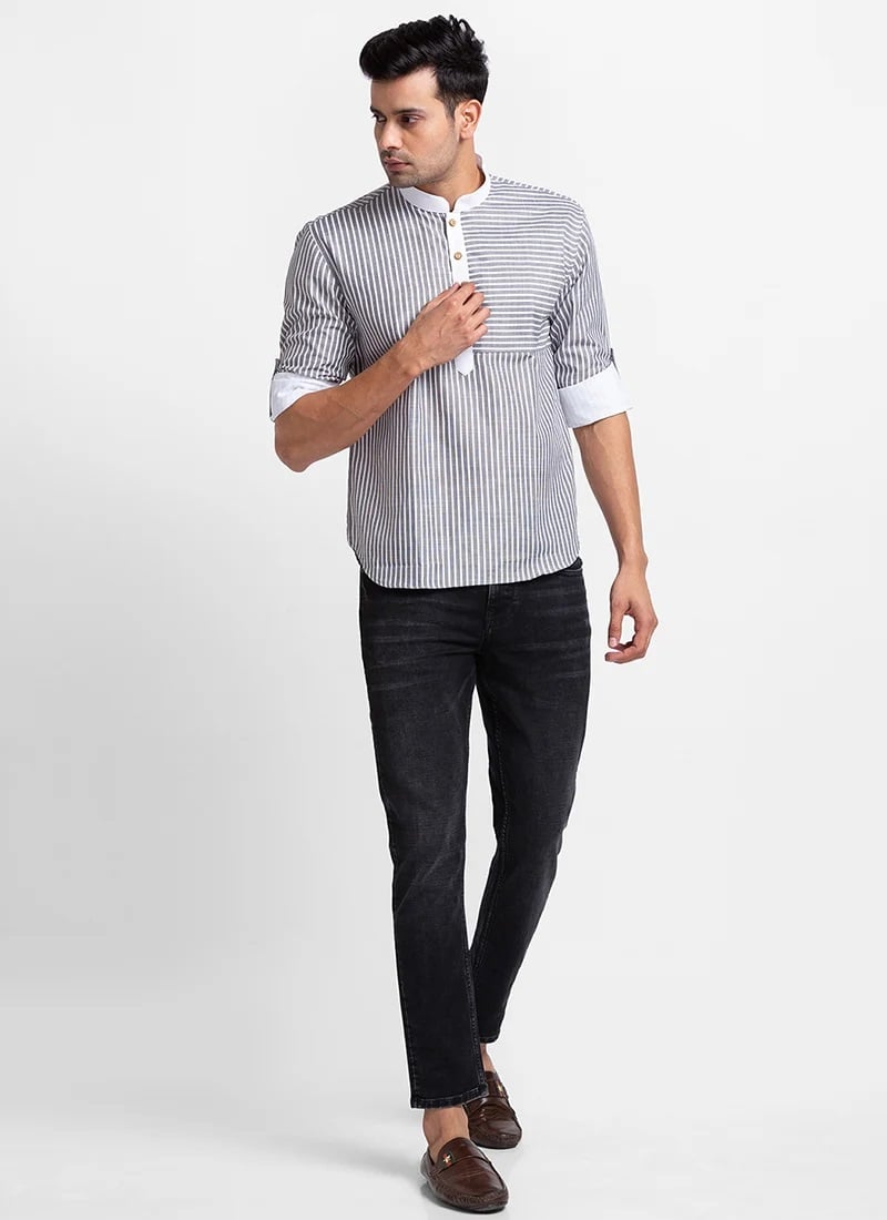 Black Pure Cotton Printed Short Kurta
