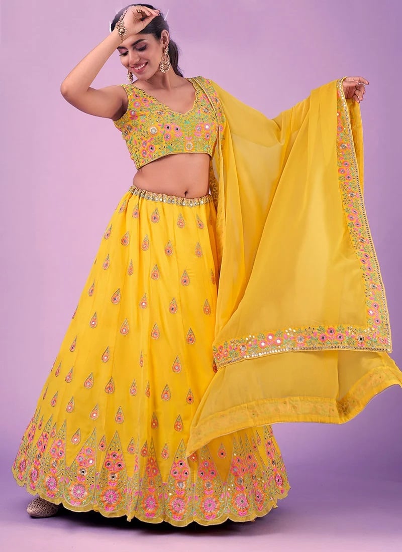 Yellow Georgette Thread N Plastic Mirror Work Lehenga Choli Wedding Wear