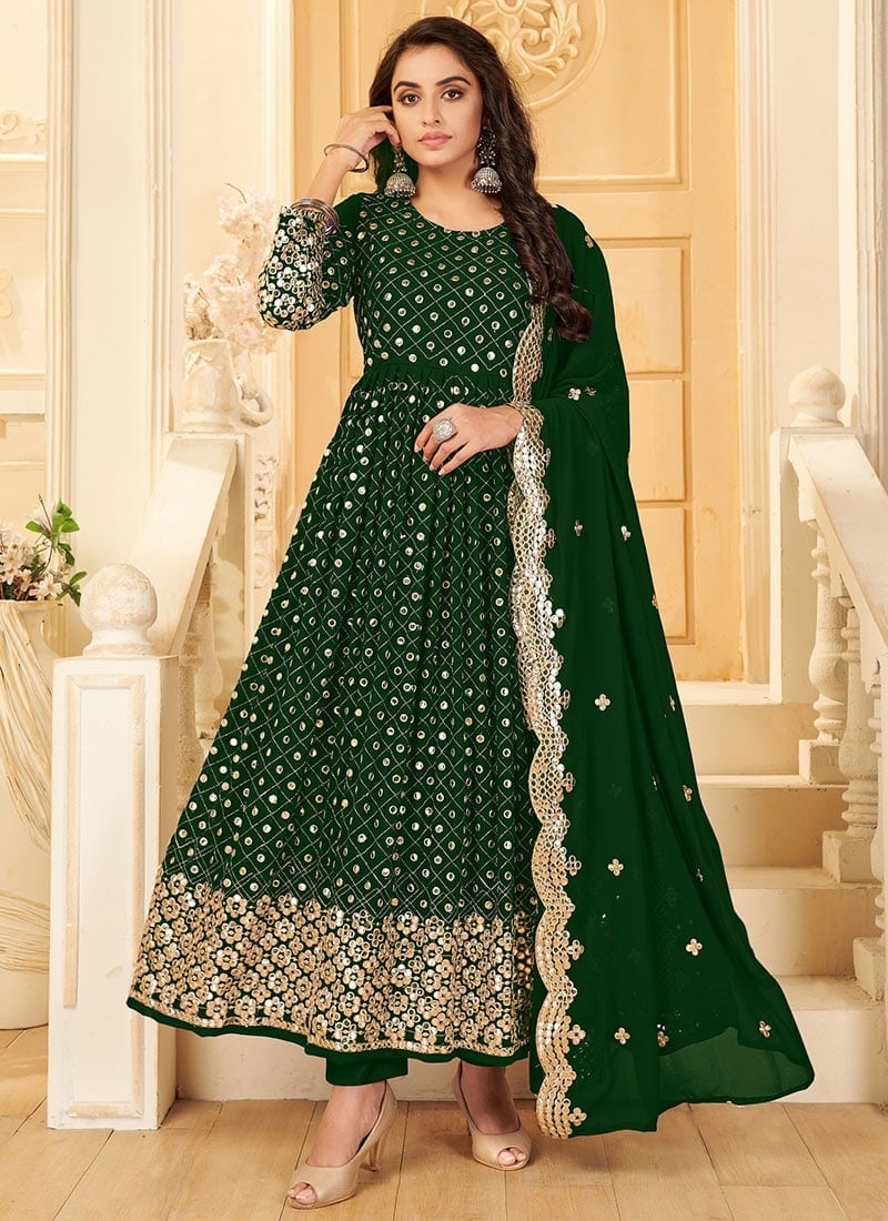 Dark Green Georgette Mirror Embroidered Anarkali Suit Party Wear