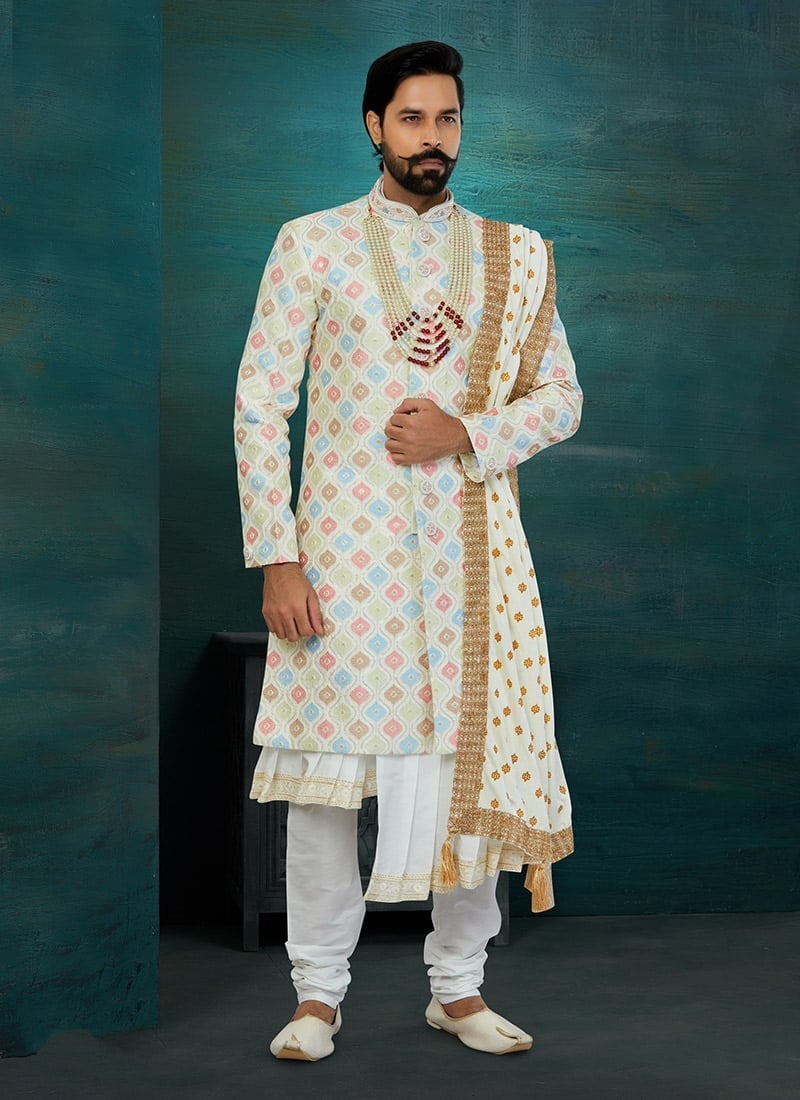 Gold Art Silk Classic Sherwani Wedding Wear