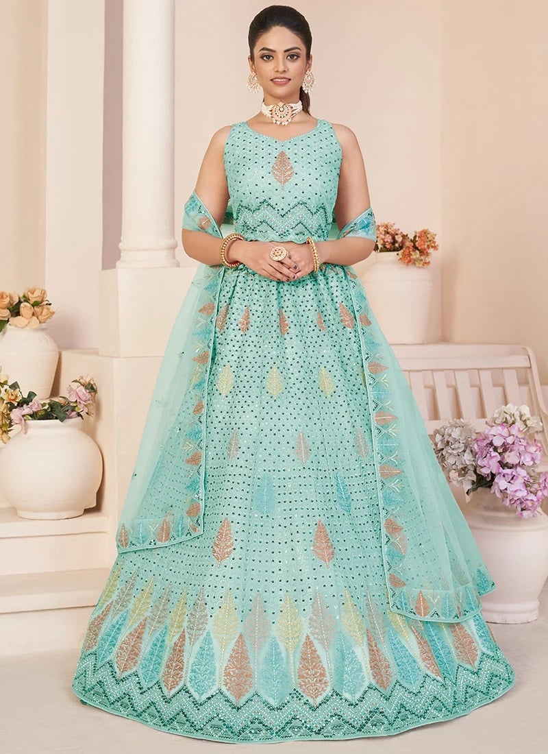Sky Net Embroidered With Stones Umbrella Lehenga Party Wear