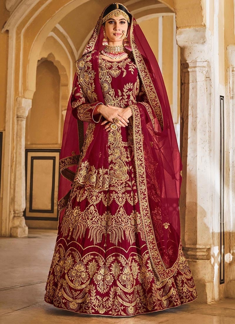 Maroon Velvet Embroidered Cord Work Umbrella Lehenga Wedding Wear