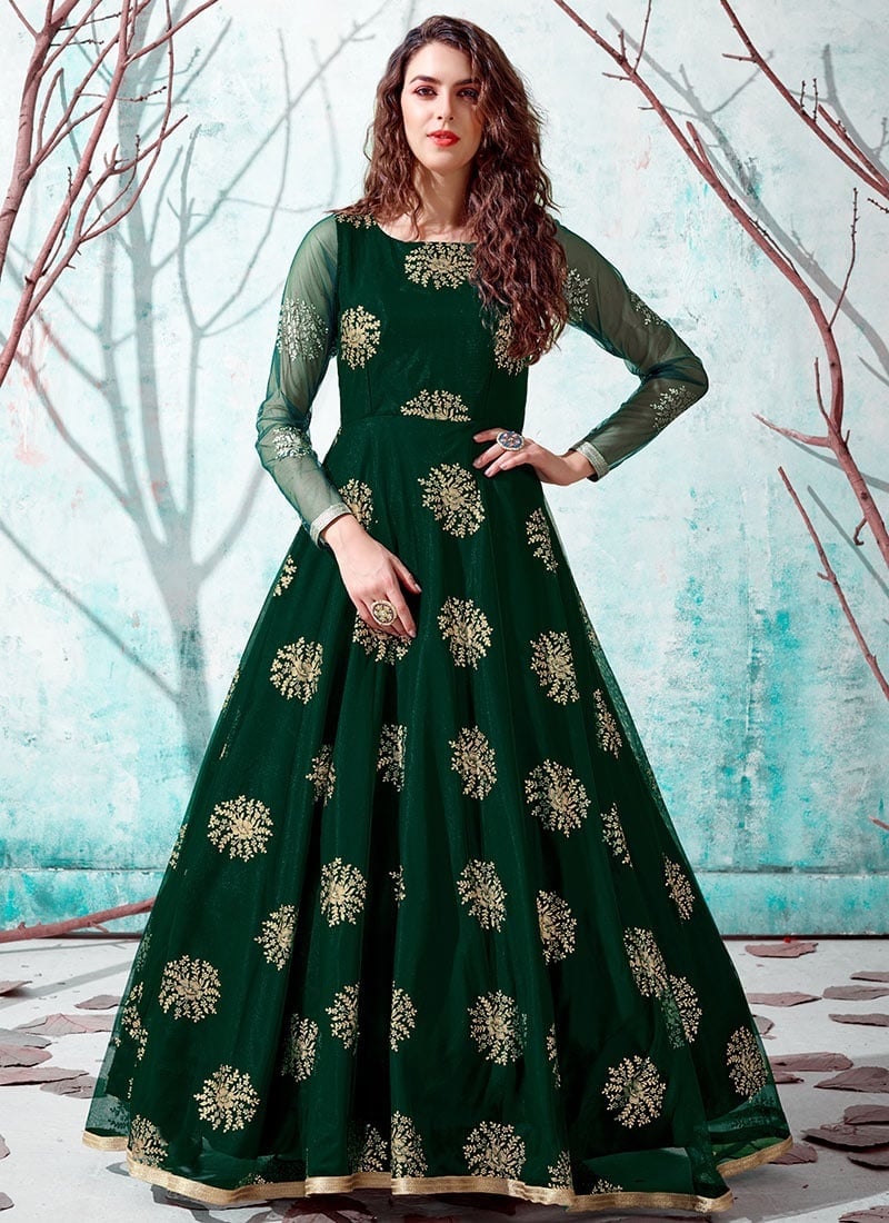 Green Net Anarkali Gown Party Wear