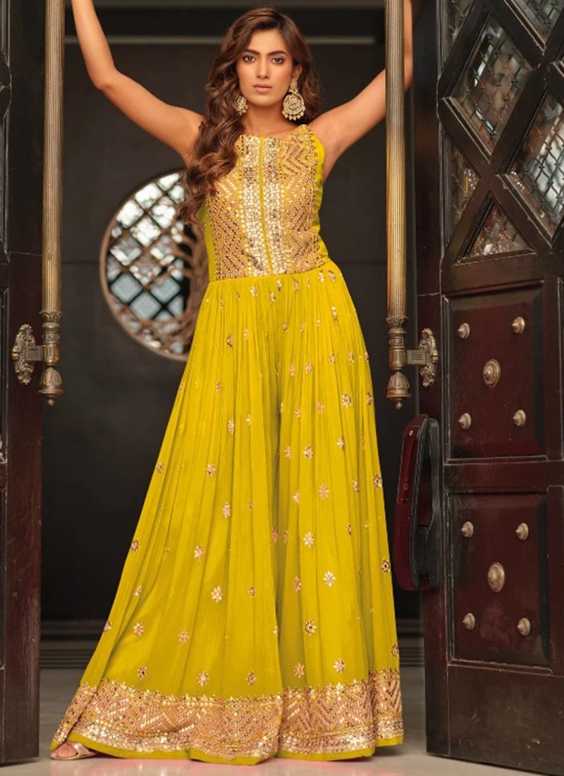 Yellow Embroidery Sequins Chinnon JumpSuit Party Wear