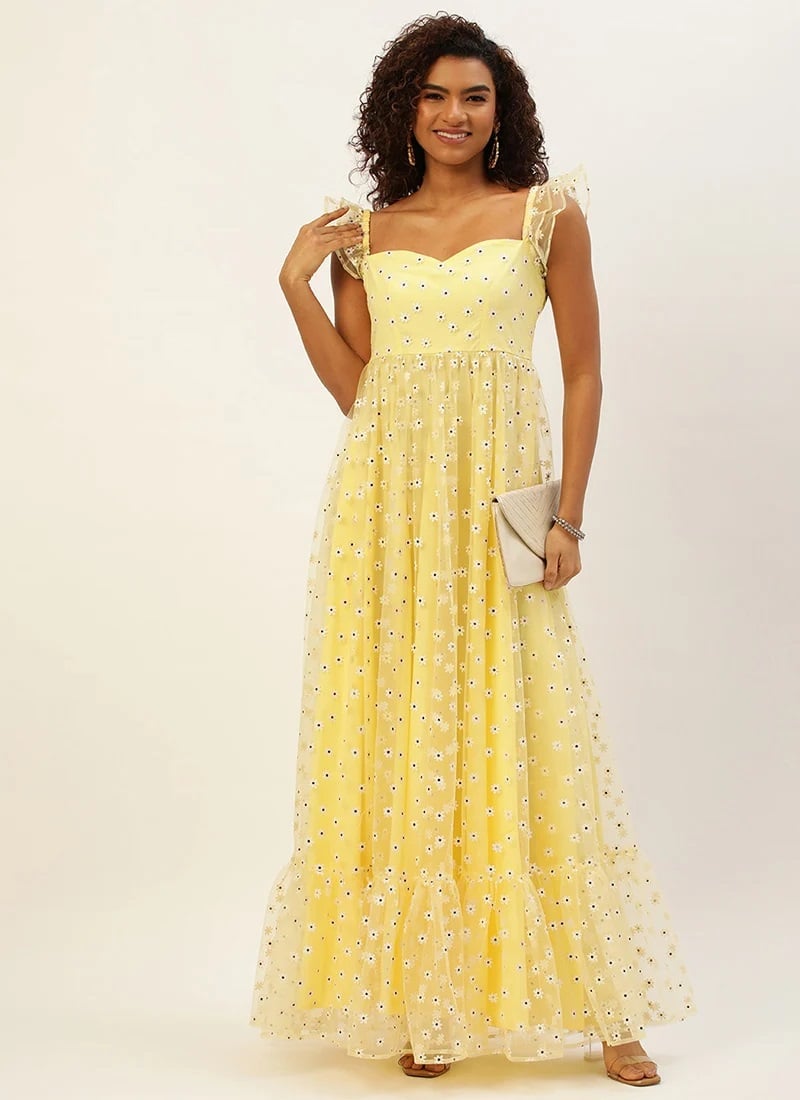 Yellow Glitter Foil Tiered Gathers Dress Party Wear