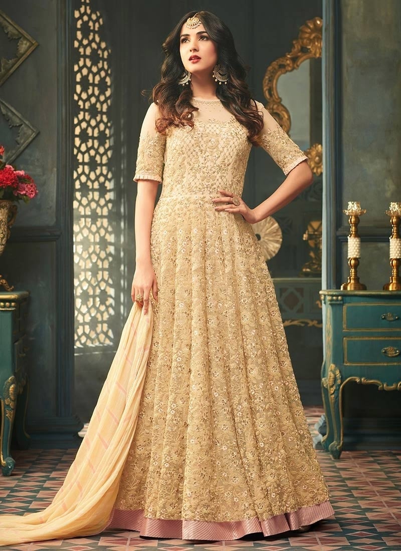 Sonal Chauhan Beige Net Anarkali Suit Wedding Wear