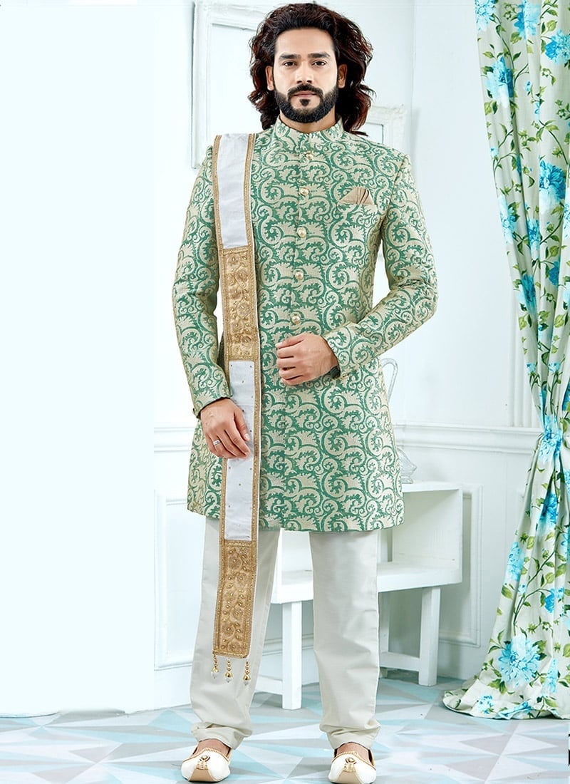 Light Green Art Silk Achkan Sherwani Wedding Wear