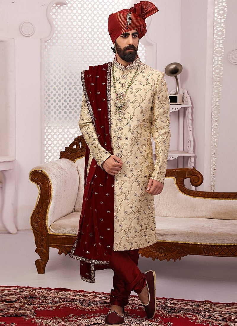 Cream Jacquard Silk Brocade Embroidered Chipkan Sherwani Party Wear