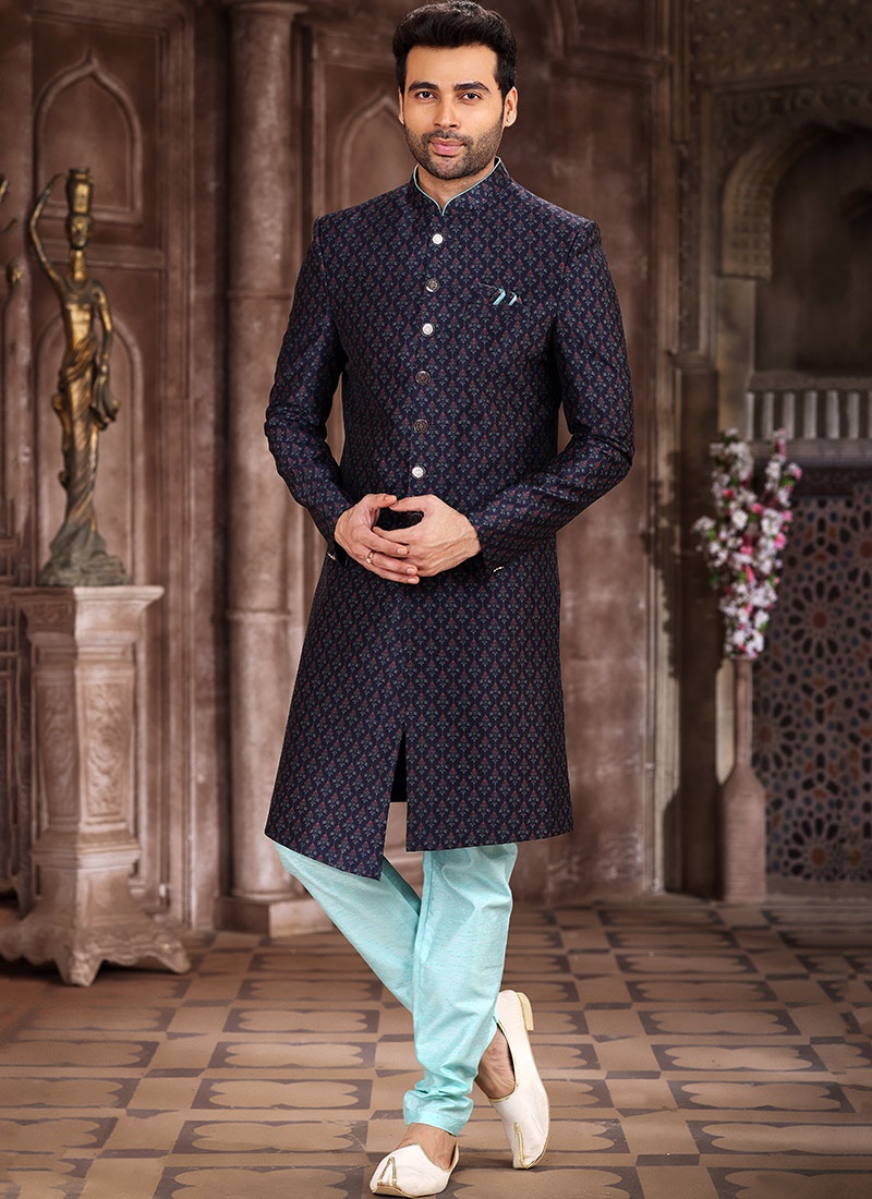 Navy Blue Printed Art Silk Sherwani Party Wear