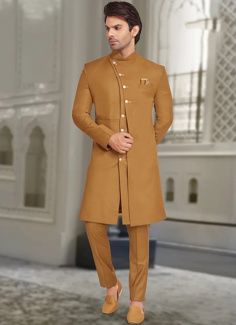 Mustard Art Silk Indowestern Sherwani Party Wear