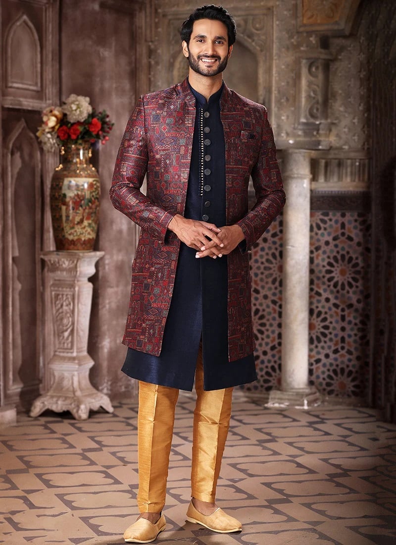 Maroon Art Silk Printed Work Indowestern Sherwani Wedding Wear