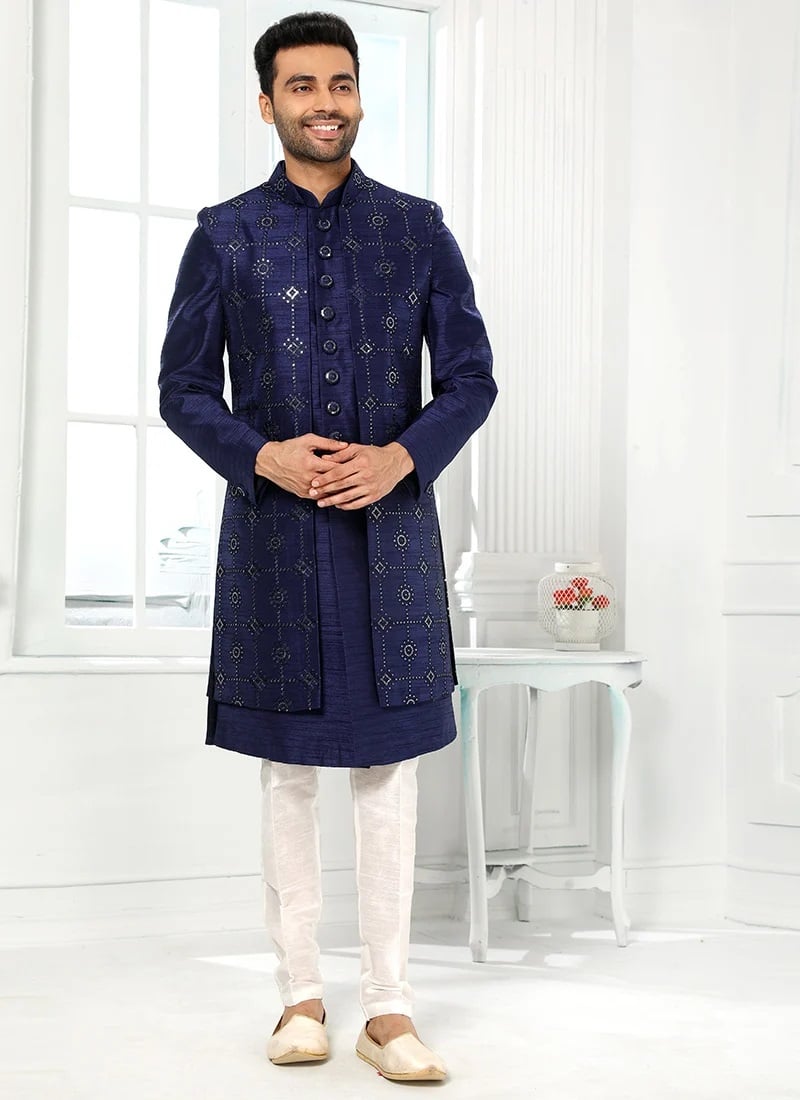 Navy Blue Blue Art silk Foil Print Classic Sherwani Party Wear