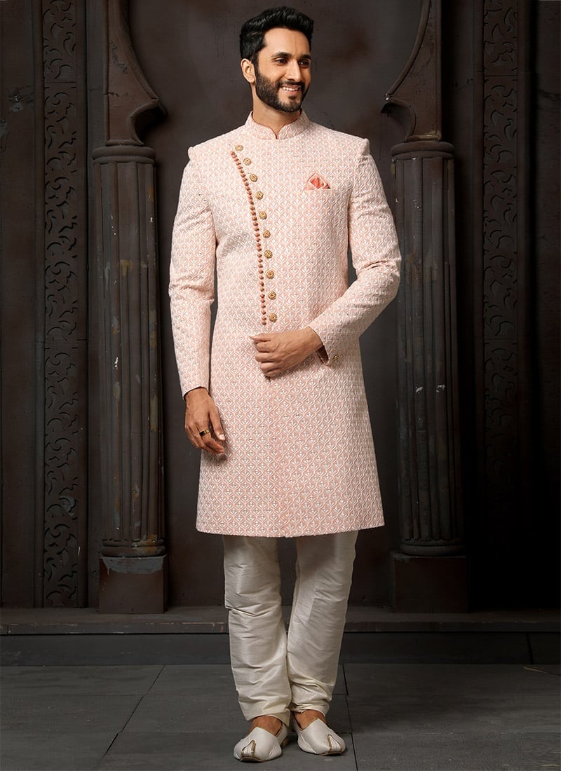 Light Pink Georgette Heavy Embroidered Indowestern Sherwani Party Wear