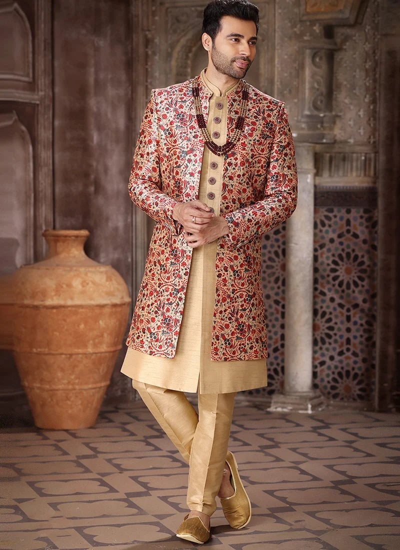 Light Chikoo Art Silk Printed Work Indowestern Sherwani Wedding Wear