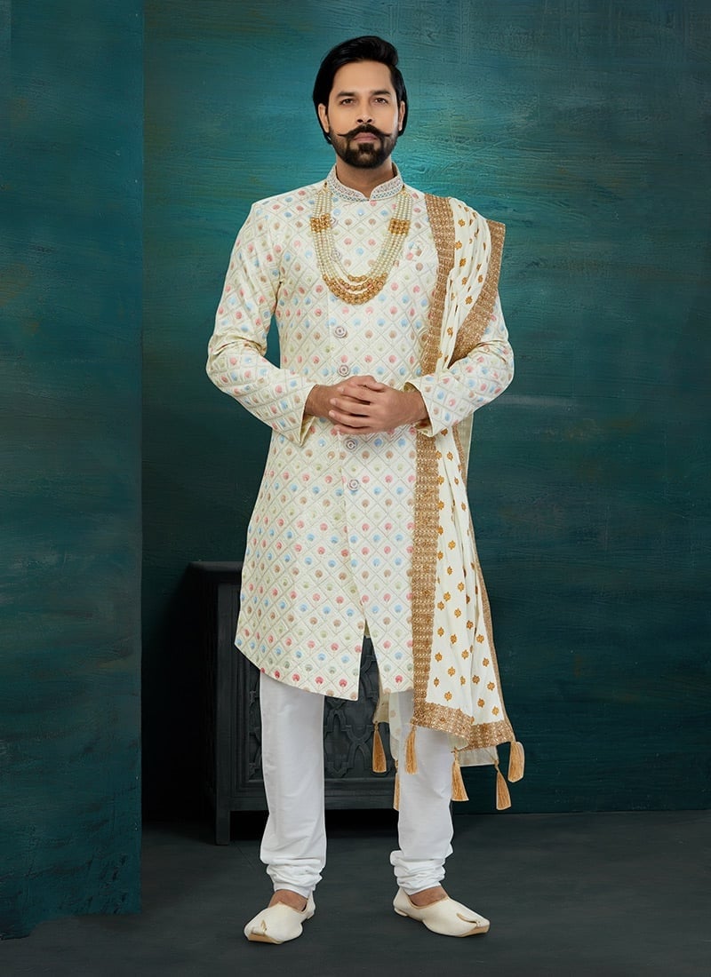 Cream Art Silk Classic Sherwani Wedding Wear
