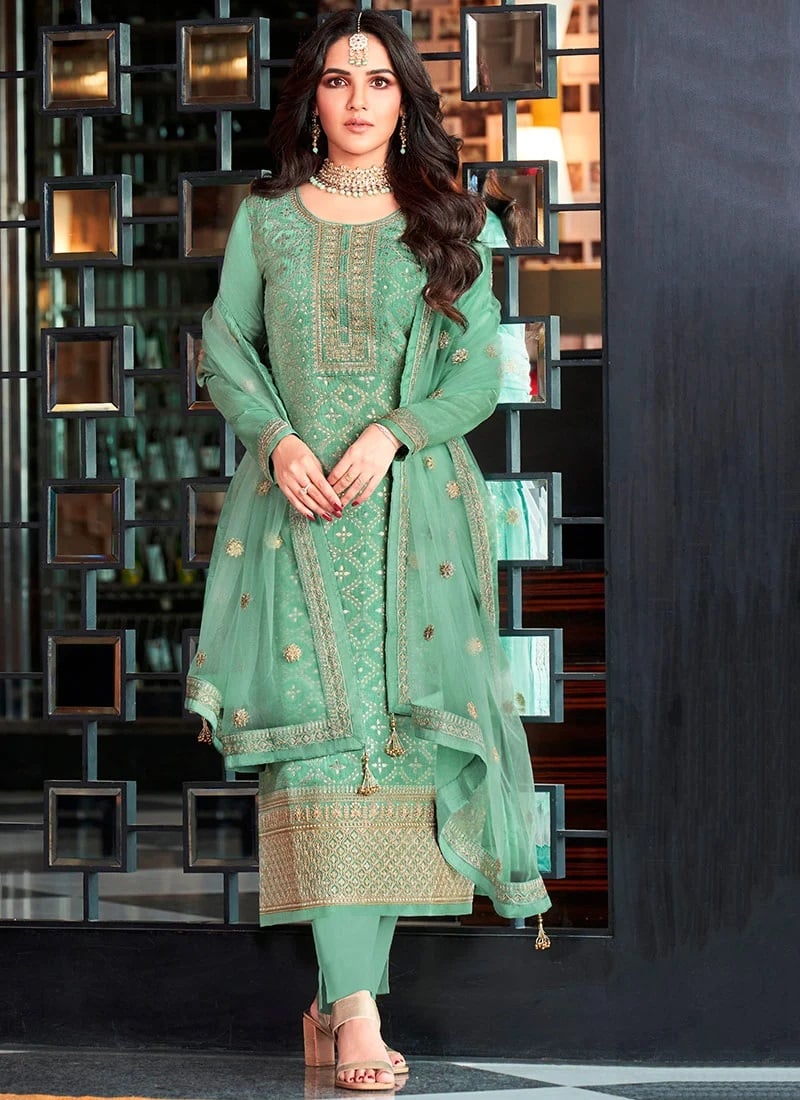 Jasmin Bhasin Green Art Silk Jacquard Straight Pant Suit Festive Wear